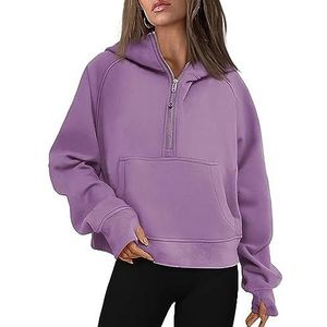 Womens Hoodies Sweatshirts Half Zip Cropped Pullover Fleece Quarter Zipper Hoodies with Pockets Fall Outfits Clothes Thumb Hole (Color : Purple, Size : XL)
