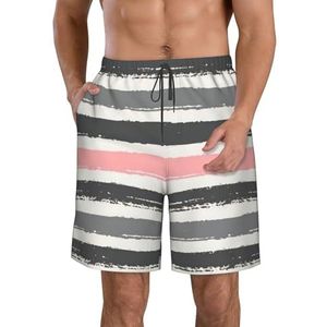 Mooie Roze Bloem Print Mannen Sneldrogende Zwemmen Shorts Strand Korte Board Spa Trunks Stretchy Gym Shorts Surfen Korte, Roze lichte en donkergrijze strepen, XXL