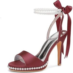 KYEGLO Dames Satijnen Parel Ronde Neus Stiletto Hoge Hak, Open Teen Sandalen Met Twee Parel Enkelbandjes - Feestelijke Trouwjurk Prom Schoenen,Burgundy,36