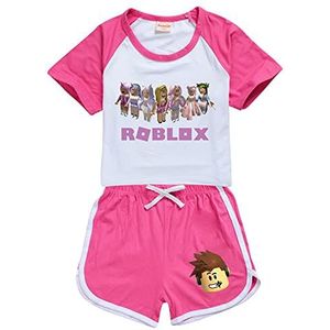 CKCKTZ Meisjes Graphic T-Shirt Kleding Tops Blouse Ro-Blox Shorts Broek Zomer Outfit Set (Rose Red, 4-5 jaar)