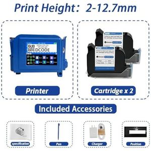 voor Datum Barcode Batchnummer Logo QR-code DC11 12,7/25,4 mm draagbare miniprinter, handheld inkjetprinter, niet-gecodeerde QR-barcode-afbeelding, logo-datumcoderingsmachine(12.7mm with 2 ink)