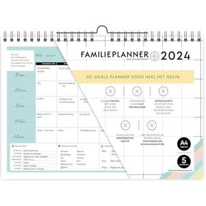 Succesplanner FamiliePlanner 2024 - muurkalender voor 5 personen - voor het hele gezin - leuke quotes - maaltijdplanner