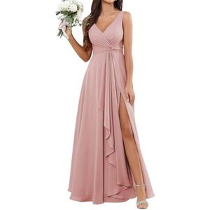 Chiffon bruidsmeisjesjurk voor dames, voor bruiloft, met split, baljurk, cocktailjurk, grote maten, Stoffige Roos, 32