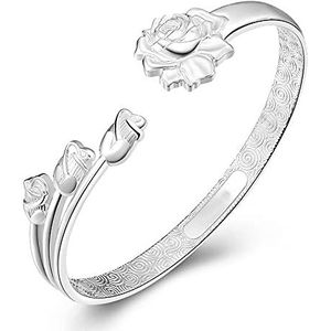 Retro armband, verstelbare zilveren armband, Vrouwen 925 zilveren manchet Bangle Hand Carve Rose Flower armband zilveren sieraden verjaardagscadeaus for zusters