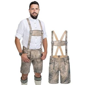 Schöneberger Trachten Couture Leren broek voor heren, kort, antiek, nubuck, klederdrachtbroek voor Oktoberfest, klederdrachtbroek met bretels, zand/bruin, 48