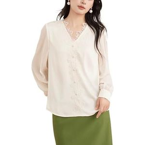 ROUZIHU V-hals holle kant splitsen chiffon shirt losse blouse lange mouwen dames shirt, Beige, XXL