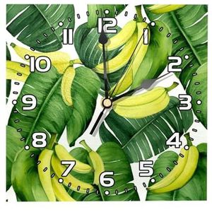 YTYVAGT Wandklokken op batterijen, moderne klokken, heldere gele bananen en groene bladeren, vierkante stille klok 7.85
