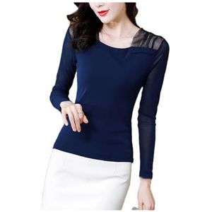Vrouwen Elegante Lange Mouwen Tops Vrouwelijke Retro Chic Tee Lady Mode Vierkante Hals Mesh T-shirt, Blauw, XL