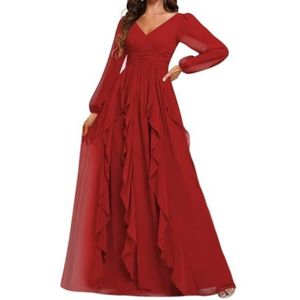 Prinses Bruidsmeisje Jurken Lange Mouw Prom Jurken V-hals Chiffon Formele Avond Party Maxi Jurk ZM208, Rood, 32
