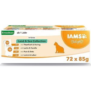 IAMS Delights Land & Sea Collection Natvoer voor katten, multipack met vlees en vis, soorten in gelei, natvoer voor katten vanaf 1 jaar, 72 x 85 g