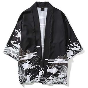 Kagodri Heren kimono jas, neutraal retro patroon kraan ontwerp losse mouwen katoenen shirt top