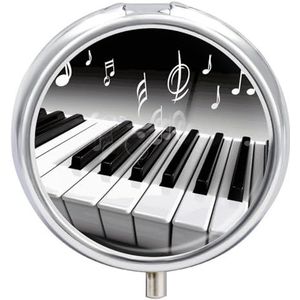 Piano Muziek Symbool Pil Organizer 3 Compartiment Reizen Pillendoos met Spiegel Dagelijkse Geneeskunde Pillendoosje Metalen Pillendoos voor Portemonnee & Pocket Draagbare Kleine Medicijndoos Ronde