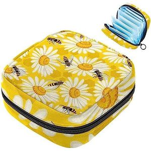 MUOOUM Madeliefjes en Bijen Maandverband Opbergtas Menstruatie Pad Tas Draagbare Menstruatie Cup Pouch met Rits voor Tiener Meisjes Vrouwen Dames
