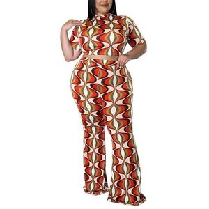 Dames Plus Size Boho 2-delige Outfit Mode Mock Hals Gedrukt Crop Top Met Korte Mouwen En Casual Lange Broek Met Wijde Pijpen (Color : Red, Size : 5XL)