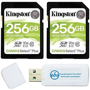 Kingston Canvas Select Plus 256GB SD-geheugenkaart voor camera (2-pack bundel) SDXC-kaartklasse 10 UHS-1 U3 100MB/s leessnelheid (SDS2/256GB) bundel met (1) Alles behalve Stromboli SD & Micro Kaartlezer