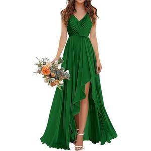 SAMHO Ruches V-hals bruidsmeisjes jurken met split chiffon lang korset A-lijn ruches bruiloft formele feestjurk, Emerald Groen, 56