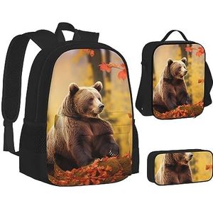 BTCOWZRV 3 Pack Canvas Bruine Beer in Herfst Rugzak, Schoudertas voor Vrouwen Mannen, met Lunchbox Potlood Case