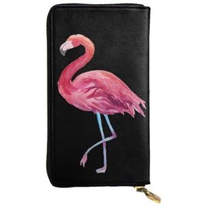QmeNa Aquarel Flamingo's Lederen Lange Clutch Portemonnee met Rits voor Dating Reizen Winkelen Valentijnsdag Gift, Zwart, Eén maat