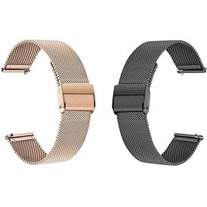 Milanese Horlogeband 2 Stuks, 10MM 12MM 14MM 16MM 17MM 18MM 19MM 20MM 21MM 22MM Horlogeband Met Snelle Ontgrendeling Voor Heren Dames Smartwatch (Color : Black+Rose Gold, Size : 12MM)