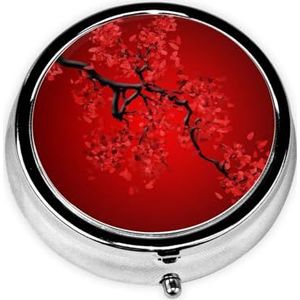 Rode Kersenbloesem Print Pillendoos 3 Compartiment Kleine Pillenhoes met Spiegel Pil Organizer voor Outdoor Reizen Pocket Purse