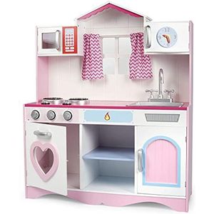 Leomark Roze keuken met venster, roze speelkeuken van hout, kinderkeuken, speelgoed voor kinderen, hoogte 101 cm, metalen potten met accessoires