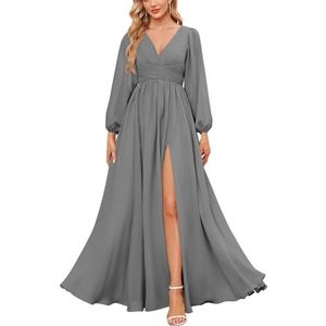 KURFACE Bruidsmeisjesjurken met lange mouwen en split geplooide chiffon formele jurk met mouwen formele jurk, Grijs, 32