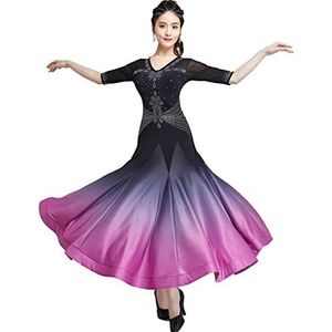 Yhsgscr Ballroomdansjurk met V hals Nationale standaard grote swingrok voor dames Banketdanskleding met middellange mouwen Walsdansoutfit met strass,Purper,L