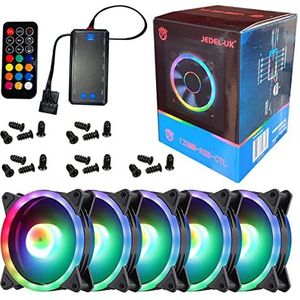 Jedel 5-delige 120 mm RGB-ventilatorset met ventilatorbesturing, HUB en IR-afstandsbediening voor desktop-pc's