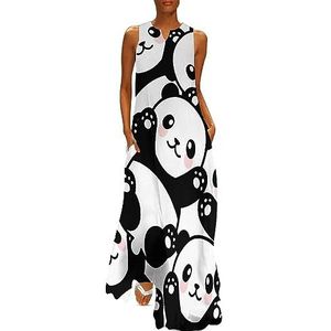 Schattige Panda's dames enkellengte jurk slim fit mouwloze maxi-jurk casual zonnejurk S