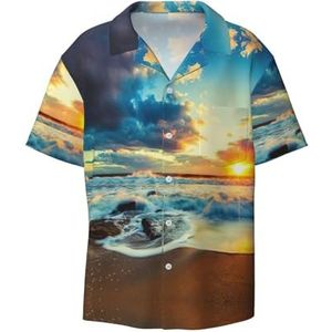 Sunset Beach Print Heren Korte Mouw Button Down Shirts Casual Losse Fit Zomer Strand Shirts Heren Jurk Shirts, Zwart, XXL