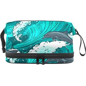 Grote capaciteit reizen cosmetische tas,Zee golven groen patroon kunst,Make-up tas,Waterdichte make-up tas organisator, Meerkleurig, 27x15x14 cm/10.6x5.9x5.5 in