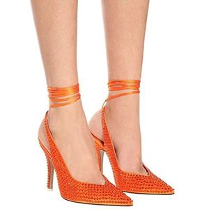 TABKER Sandalen met hak kristal dames hoge hakken enkelband kruisband hoge hakken trouwschoenen riem slingback zomer feest prom schoenen (kleur: oranje, maat: 13)
