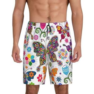 Heren wit bloemenpatroon kleurrijke vlinders print lounge shorts pyjama bodems nachtkleding shorts kerst shorts losse sportbroek, Zwart, L