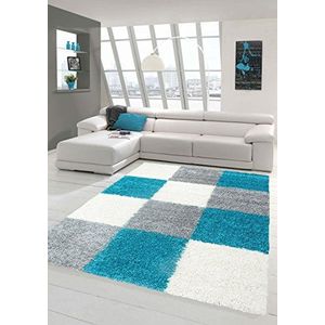 Shaggy tapijt Shaggy Langpolig tapijt woonkamer tapijt patroon in Karo Design Turquoise Grey Cream maat 160x230 cm