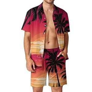 Strand zonsondergang palmboom heren 2 stuks Hawaiiaanse sets losse pasvorm korte mouwen shirts en shorts strand outfits 3XL