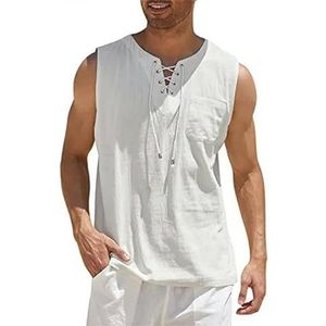 Linen Shirts Men Shirts Men'S Casual Sleeveless Vest Bandage Lace Up Blouse Retro Loose Shirt Solid Color Clothes-White-S