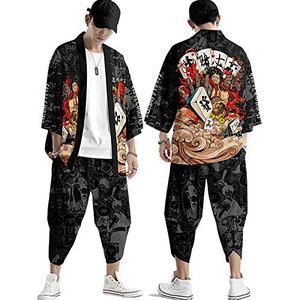 DHFMNLS Traditionele kimono set, heren Japanse kimono vest casual bedrukte open jas vest jas + broek set, I9-6XL