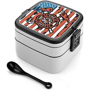 Amerikaanse Vlag Brandweerman Bento Lunchbox Dubbellaags All-in-One Stapelbare Lunch Container Inclusief Lepel met Handvat