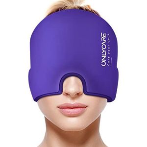 ONLYCARE Migraine masker, geüpgraded koelmasker, slaapmasker, koelmuts, koelkap, 360° gel surround koelpads voor het verlichten van migraine, hoofdpijn, druk (paars)