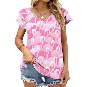 Flamingopatroon dames casual tuniek tops ruches korte mouwen T-shirts V-hals blouse T-shirt