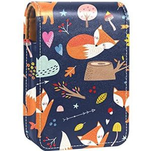Draagbare Lipstick Case voor op reis,Mini Lipstick Opbergdoos met spiegel voor dames dames, Lederen cosmetische etui Cartoon Fox, Meerkleurig, 9.5x2x7 cm/3.7x0.8x2.7 in