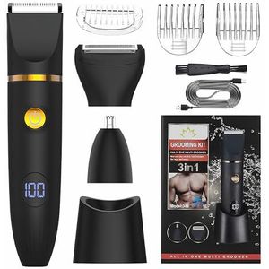 Unisex 3-in-1 elektrische lichaams- en gezichtstrimmer: waterdicht IPX6, nat/droog, pijnloze ontharing voor gevoelige gebieden, bikini, benen, USB-oplaadbaar, zwart