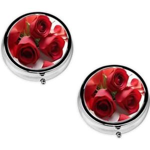 Roze en rode bloemblaadjes schattige kleine ronde pillendoos - 3 compartimenten reispillenetui, gepersonaliseerde draagbare medicijnorganizer voor portemonnee en zak