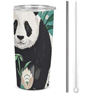 AQRJLPM Panda Grafische Zwart-wit Auto Cup RVS Tumbler met rietje en deksels Lekvrij Geïsoleerde Roestvrij Staal Reizen Koffie Mok Pobtable voor Koude Warme Dranken Camping