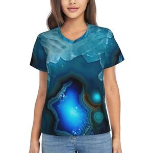 Dames zomer tops korte mouw casual shirts marmeren textuur. Mode T-shirt 2025 Basics V-hals lichtgewicht ademend T-shirt, Heldere Aqua Blauw, S