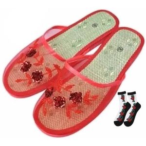 Chinese mesh pantoffels for dames, met bloemenkralen, ademend mesh, uitgeholde vrouwelijke pantoffels(Color:Red,Size:37 EU)