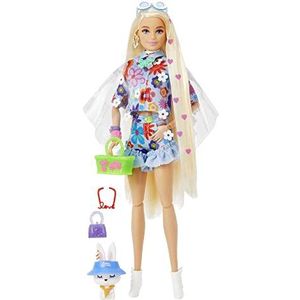 ​Barbie Extra Pop nr.12 met gebloemde outfit en accessoires, haar dierenvriendje, een konijn, extra lang blond haar met hartjes en beweegbare gewrichten, cadeau voor kinderen vanaf 3 jaar, HDJ45