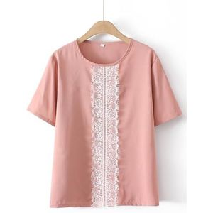 SDFGH Plus Size Dames T-shirt Zomer Kant Casual O-hals Korte mouw T-shirts Effen Kleur Tops (Color : Pink, Size : 3X-Large)