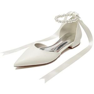 KJCQGQTZ Dames Witte parels Bruiloft Flats voor bruid PU Gesloten puntige neus Ballerina's Lage blokhak Bruidsschoenen Dansfeesten Enkelbandje Instapper Ballerina's,ivoor,43