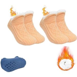 2 paar antislip thermische sokken for binnen, pantoffelsokken for dames, met fleece gevoerde antislip thermische pantoffelsokken, pluizige pantoffelsokken met V-mond (Color : Beige, Size : S)